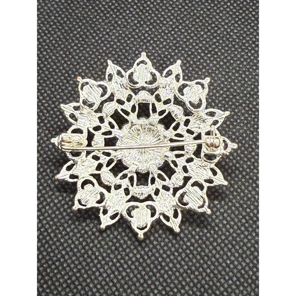 Silver Tone AB Crystal Rhinestone Sunburst Filigree Brooch Pin Vintage Style 2